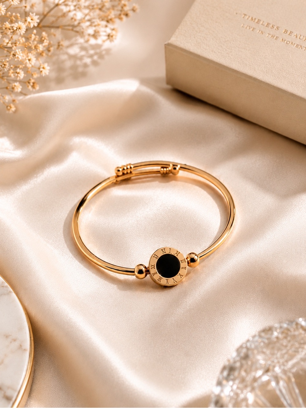 Gold Roman Numeral Black Circle Bangle Bracelet